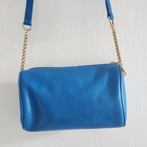Vintage Liz Claiborne 90's barrel/messenger/cross body genuine leather blue bag - Picture 7 of 12